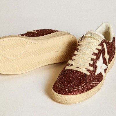 Golden Goose Ball Star Sneaker In Burgundy Glitter With White Leather Star And Heel Tab Golden Goose Ball Star Sneaker In Burgundy Glitter With White Leather Star And Heel Tab
