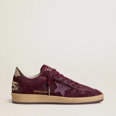 Golden Goose Ball Star Sneaker In Burgundy Suede With Crystal Star And Metallic Leather Heel Tab Golden Goose Ball Star Sneaker In Burgundy Suede With Crystal Star And Metallic Leather Heel Tab