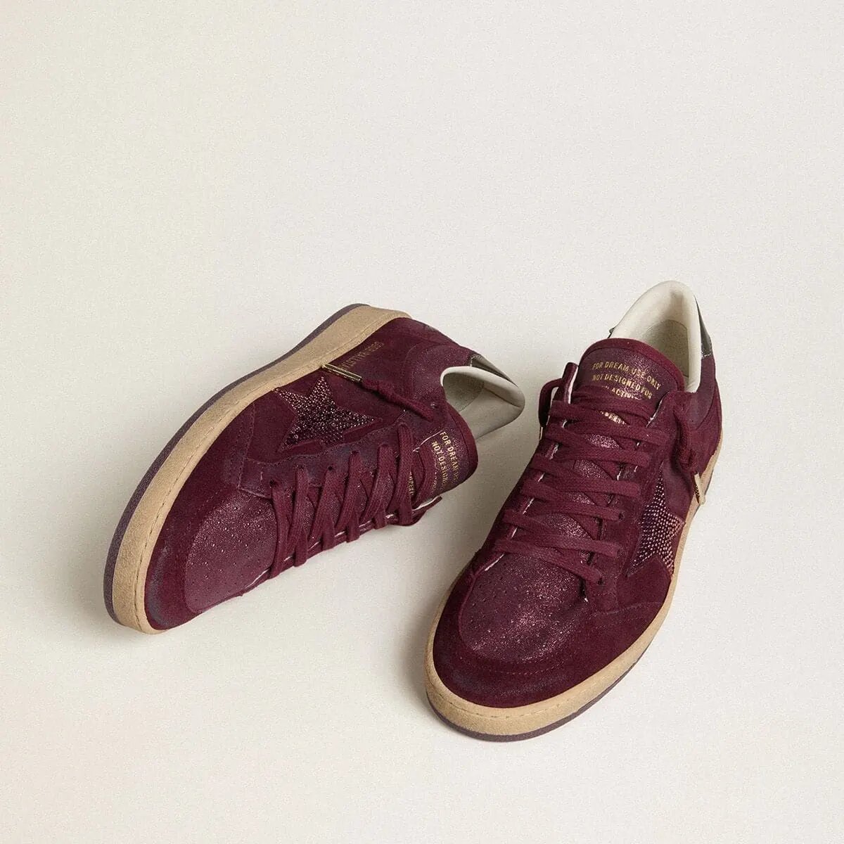 Golden Goose Ball Star Sneaker In Burgundy Suede With Crystal Star And Metallic Leather Heel Tab Golden Goose Ball Star Sneaker In Burgundy Suede With Crystal Star And Metallic Leather Heel Tab