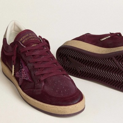 Golden Goose Ball Star Sneaker In Burgundy Suede With Crystal Star And Metallic Leather Heel Tab Golden Goose Ball Star Sneaker In Burgundy Suede With Crystal Star And Metallic Leather Heel Tab
