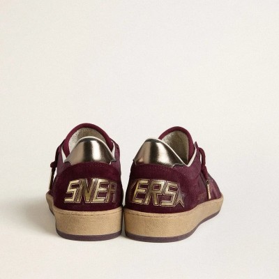Golden Goose Ball Star Sneaker In Burgundy Suede With Crystal Star And Metallic Leather Heel Tab Golden Goose Ball Star Sneaker In Burgundy Suede With Crystal Star And Metallic Leather Heel Tab