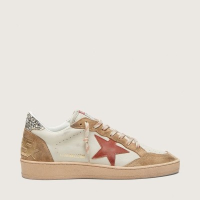 Golden Goose Ball Star Sneaker In Cream Leather With Brick-Red Leather Star And Suede Inserts Golden Goose Ball Star Sneaker In Cream Leather With Brick-Red Leather Star And Suede Inserts