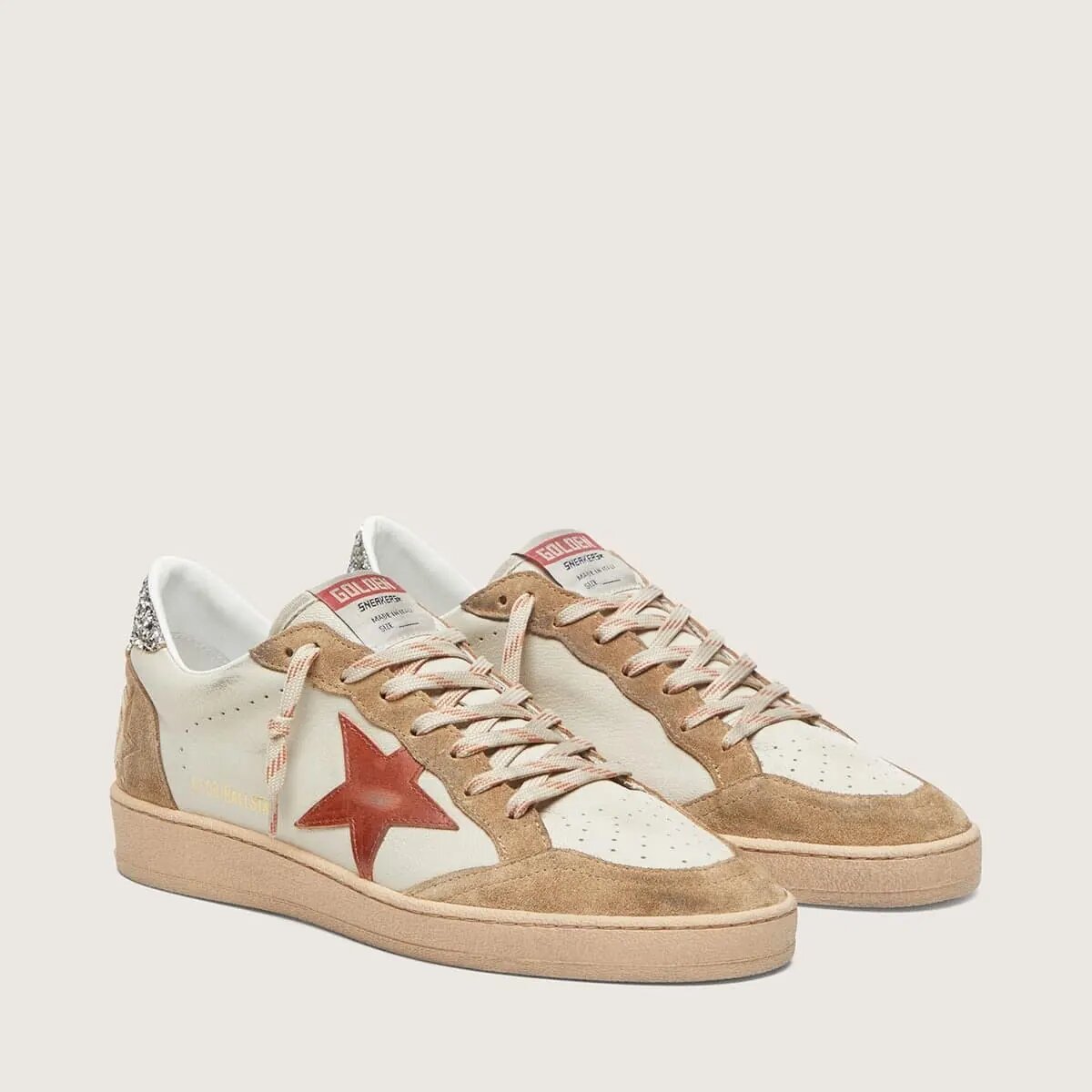 Golden Goose Ball Star Sneaker In Cream Leather With Brick-Red Leather Star And Suede Inserts Golden Goose Ball Star Sneaker In Cream Leather With Brick-Red Leather Star And Suede Inserts