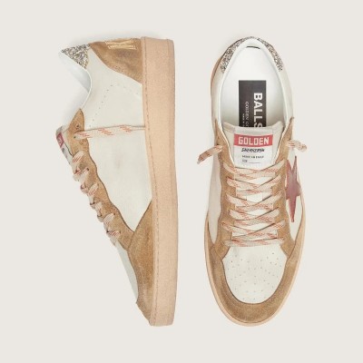 Golden Goose Ball Star Sneaker In Cream Leather With Brick-Red Leather Star And Suede Inserts Golden Goose Ball Star Sneaker In Cream Leather With Brick-Red Leather Star And Suede Inserts