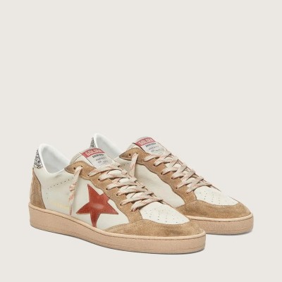 Golden Goose Ball Star Sneaker In Cream Leather With Brick-Red Leather Star And Suede Inserts Golden Goose Ball Star Sneaker In Cream Leather With Brick-Red Leather Star And Suede Inserts