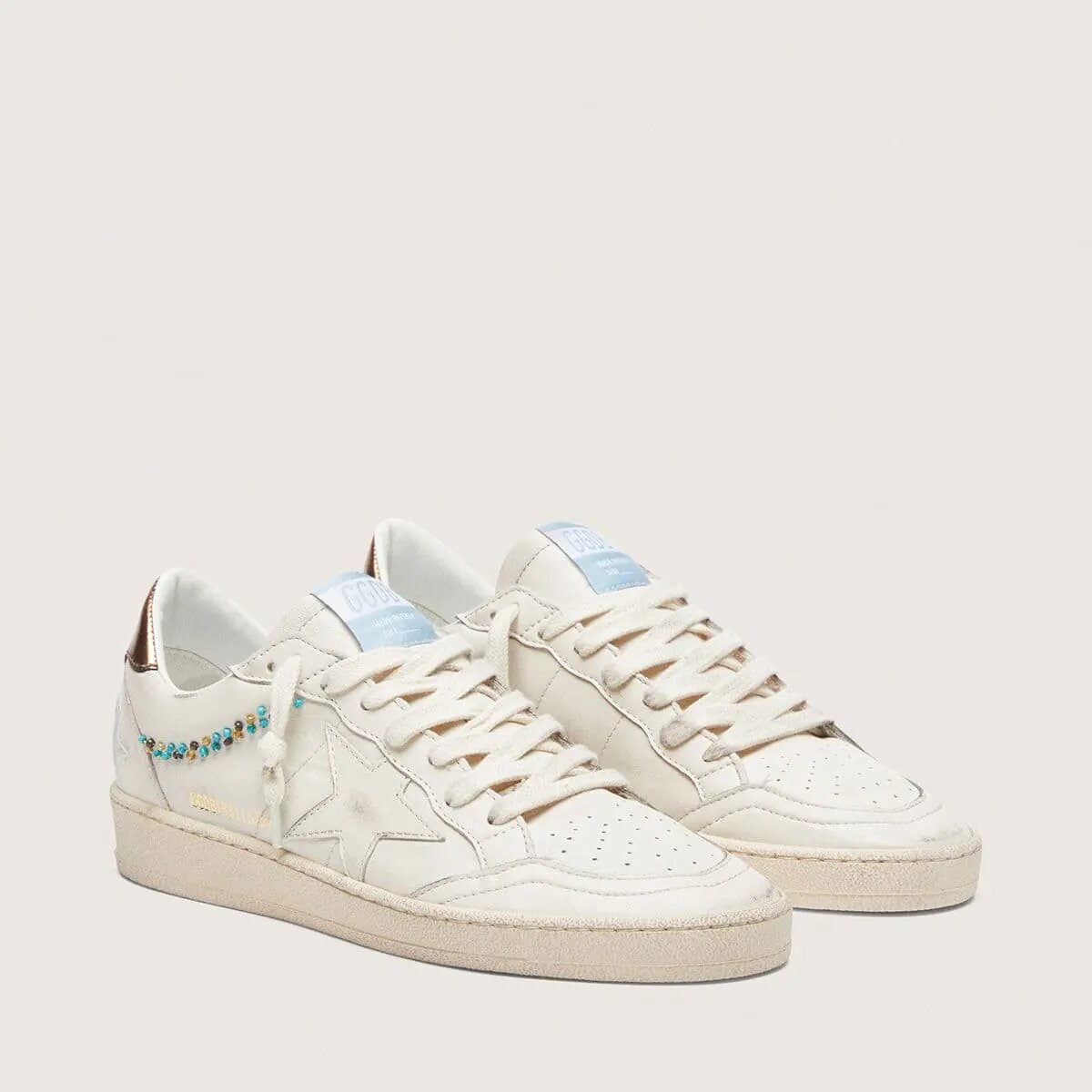 Golden Goose Ball Star Sneaker In Cream Leather With Tone-On-Tone Star And Beads Golden Goose Ball Star Sneaker In Cream Leather With Tone-On-Tone Star And Beads