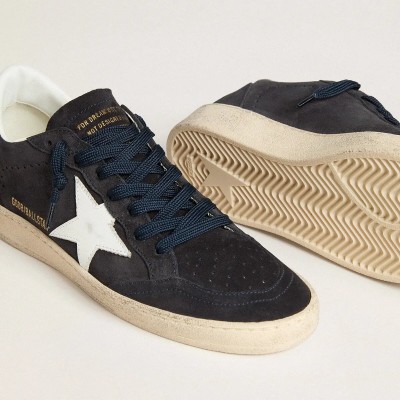 Golden Goose Ball Star Sneaker In Dark Blue Suede With Leather Star And Heel Tab