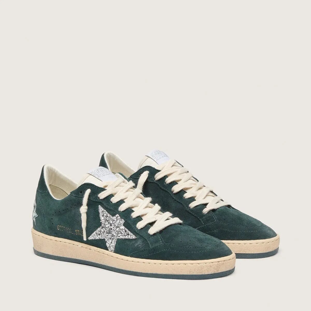 Golden Goose Ball Star Sneaker In Green Suede With Silver Glitter Star Golden Goose Ball Star Sneaker In Green Suede With Silver Glitter Star