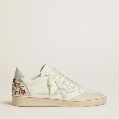 Golden Goose Ball Star Sneaker In Leather With Platinum Suede Star And Multicolor Floral Embroidery