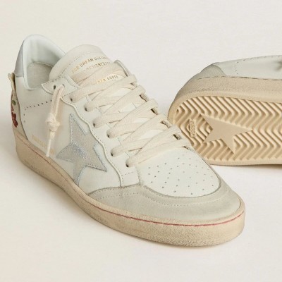 Golden Goose Ball Star Sneaker In Leather With Platinum Suede Star And Multicolor Floral Embroidery