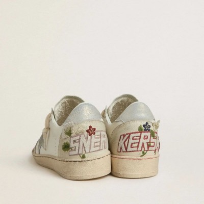 Golden Goose Ball Star Sneaker In Leather With Platinum Suede Star And Multicolor Floral Embroidery