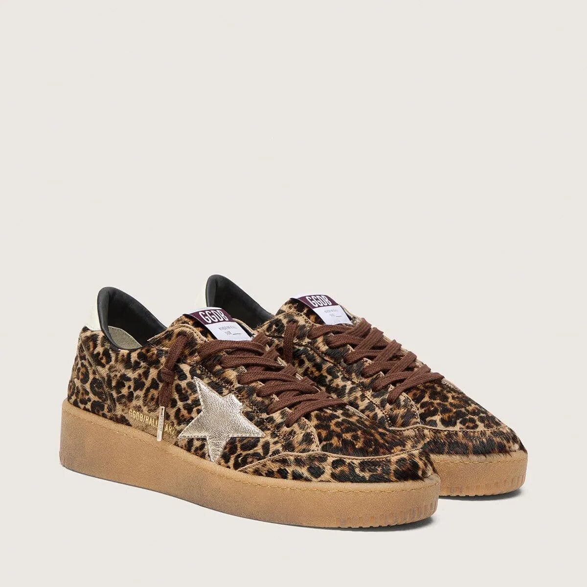 Golden Goose Ball Star Sneaker In Leopard-Print Pony Skin With Platinum Leather Star And White Leather Heel Tab Golden Goose Ball Star Sneaker In Leopard-Print Pony Skin With Platinum Leather Star And White Leather Heel Tab