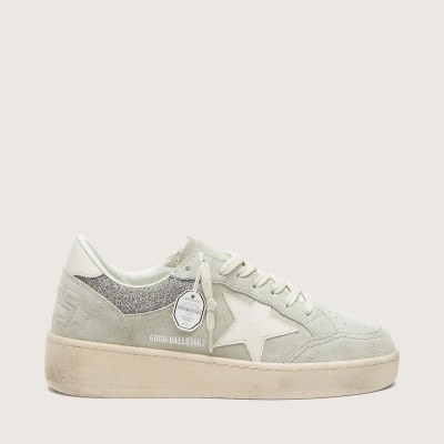 Golden Goose Ball Star Sneaker In Light Gray Suede With Star And Glitter Inserts Golden Goose Ball Star Sneaker In Light Gray Suede With Star And Glitter Inserts
