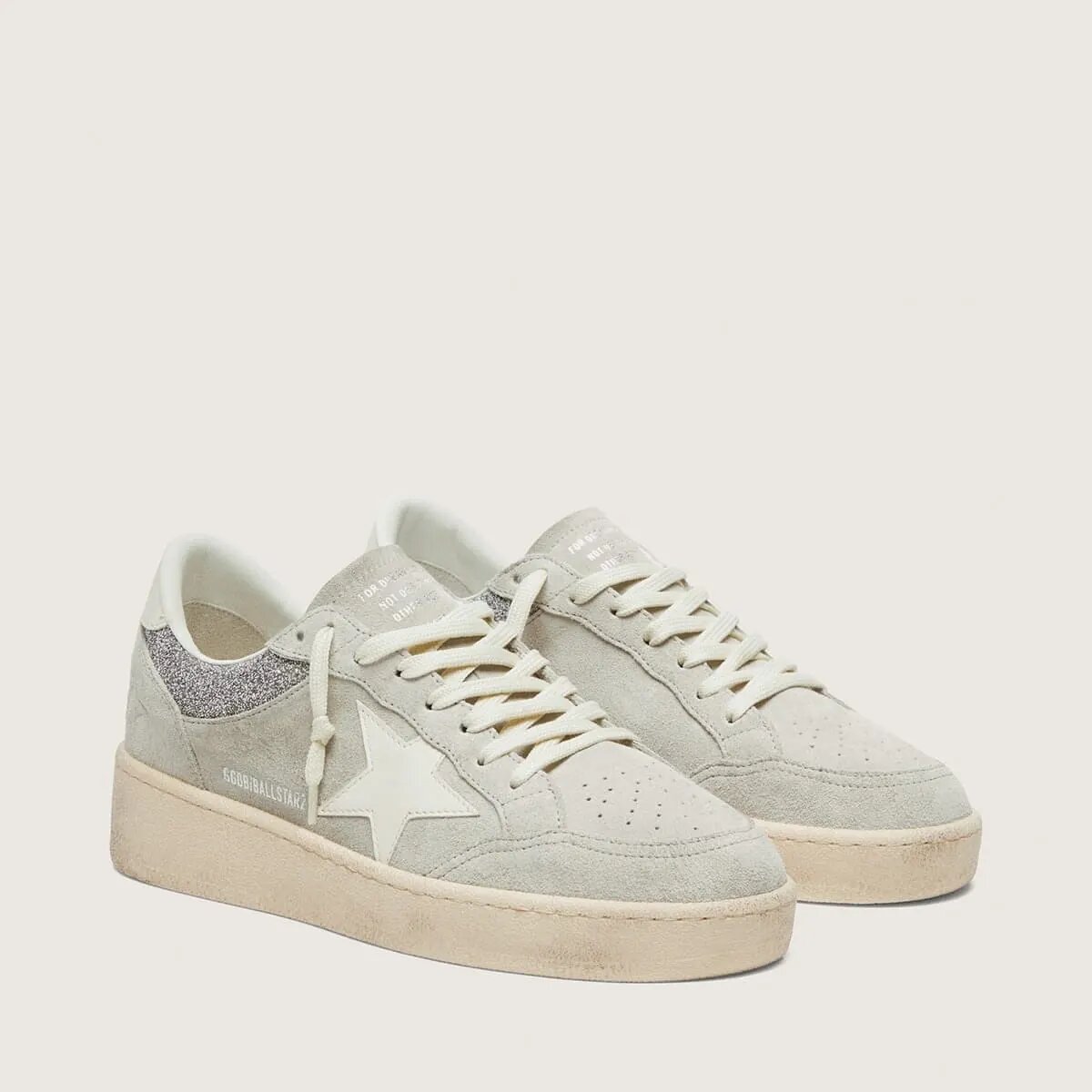 Golden Goose Ball Star Sneaker In Light Gray Suede With Star And Glitter Inserts Golden Goose Ball Star Sneaker In Light Gray Suede With Star And Glitter Inserts