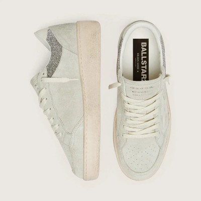 Golden Goose Ball Star Sneaker In Light Gray Suede With Star And Glitter Inserts Golden Goose Ball Star Sneaker In Light Gray Suede With Star And Glitter Inserts