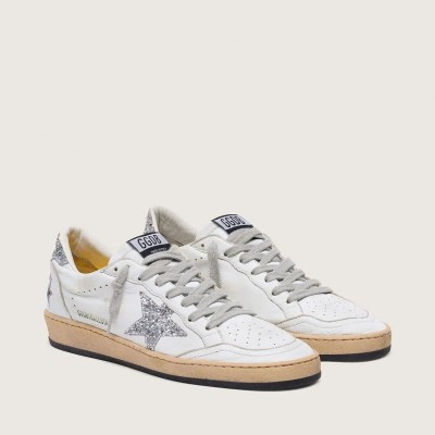 Golden Goose Ball Star Sneaker In Nappa With Silver Glitter Star And Heel Tab Golden Goose Ball Star Sneaker In Nappa With Silver Glitter Star And Heel Tab