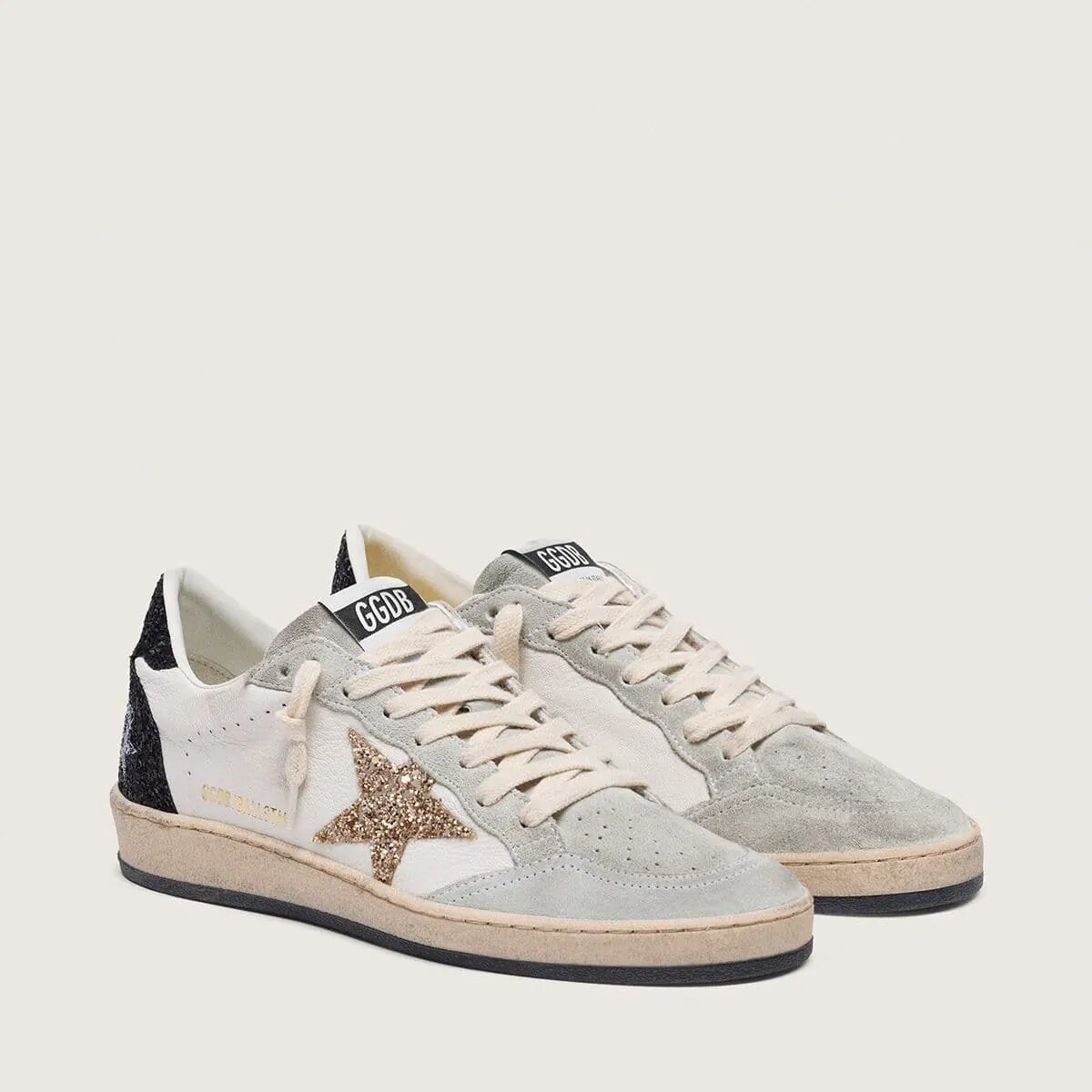 Golden Goose Ball Star Sneaker In Nappa And Suede With Glitter Star And Black Heel Tab Golden Goose Ball Star Sneaker In Nappa And Suede With Glitter Star And Black Heel Tab