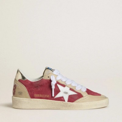 Golden Goose Ball Star Sneaker In Red Suede With White Crackle Suede Star And Platinum Leather Heel Tab