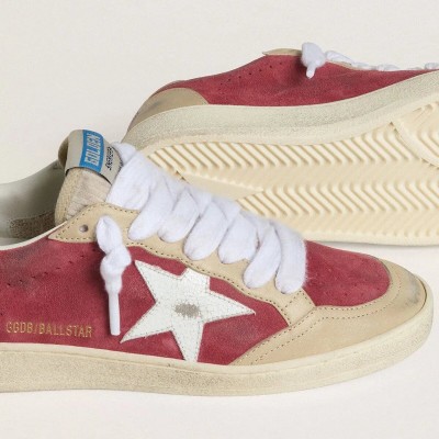 Golden Goose Ball Star Sneaker In Red Suede With White Crackle Suede Star And Platinum Leather Heel Tab