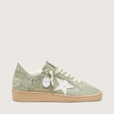 Golden Goose Ball Star Sneaker In Sage-Green Suede With White Leather Star And Tone-On-Tone Swarovski Floral Embroidery Golden Goose Ball Star Sneaker In Sage-Green Suede With White Leather Star And Tone-On-Tone Swarovski Floral Embroidery