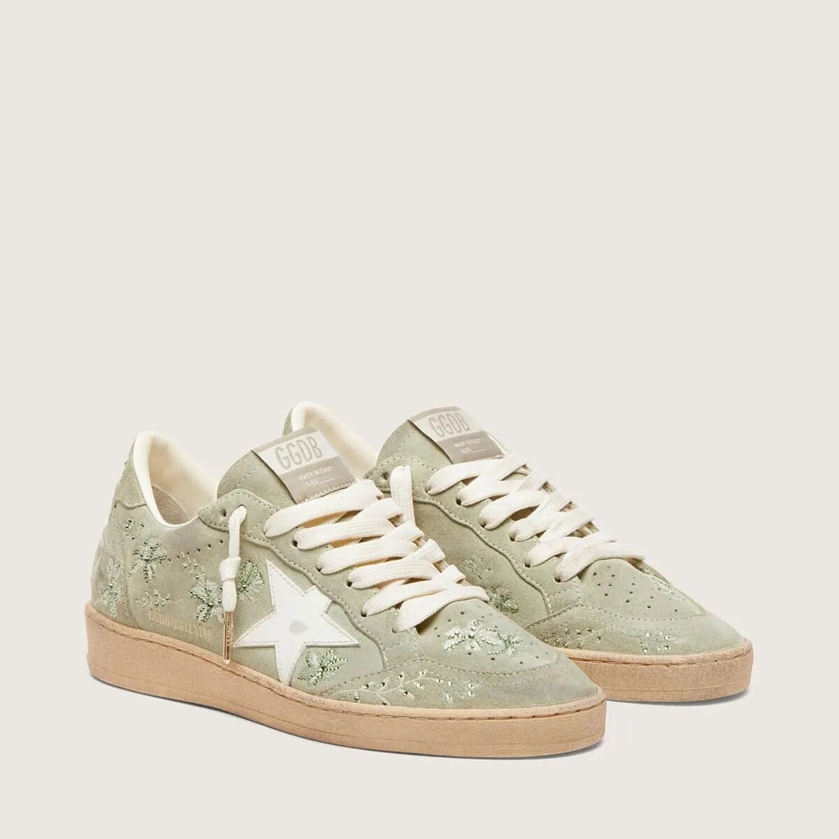 Golden Goose Ball Star Sneaker In Sage-Green Suede With White Leather Star And Tone-On-Tone Swarovski Floral Embroidery Golden Goose Ball Star Sneaker In Sage-Green Suede With White Leather Star And Tone-On-Tone Swarovski Floral Embroidery
