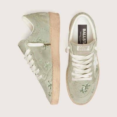 Golden Goose Ball Star Sneaker In Sage-Green Suede With White Leather Star And Tone-On-Tone Swarovski Floral Embroidery Golden Goose Ball Star Sneaker In Sage-Green Suede With White Leather Star And Tone-On-Tone Swarovski Floral Embroidery