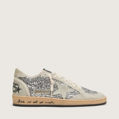 Golden Goose Ball Star Sneaker In Silver Glitter With Ice-Gray Suede Inserts Golden Goose Ball Star Sneaker In Silver Glitter With Ice-Gray Suede Inserts