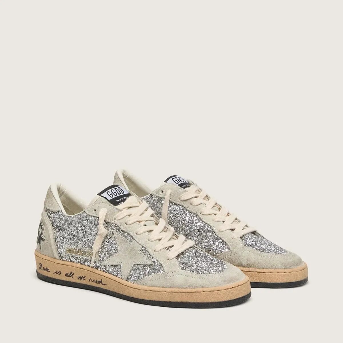 Golden Goose Ball Star Sneaker In Silver Glitter With Ice-Gray Suede Inserts Golden Goose Ball Star Sneaker In Silver Glitter With Ice-Gray Suede Inserts