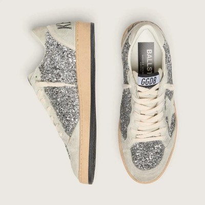Golden Goose Ball Star Sneaker In Silver Glitter With Ice-Gray Suede Inserts Golden Goose Ball Star Sneaker In Silver Glitter With Ice-Gray Suede Inserts
