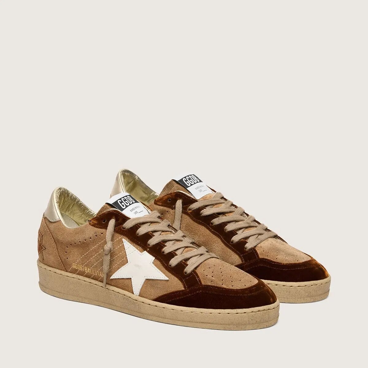 Golden Goose Ball Star Sneaker In Tobacco Suede With White Leather Star And Cognac Velvet Inserts Golden Goose Ball Star Sneaker In Tobacco Suede With White Leather Star And Cognac Velvet Inserts