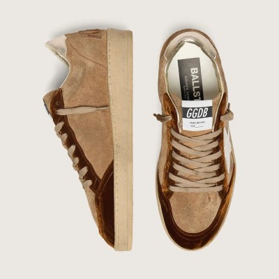 Golden Goose Ball Star Sneaker In Tobacco Suede With White Leather Star And Cognac Velvet Inserts Golden Goose Ball Star Sneaker In Tobacco Suede With White Leather Star And Cognac Velvet Inserts