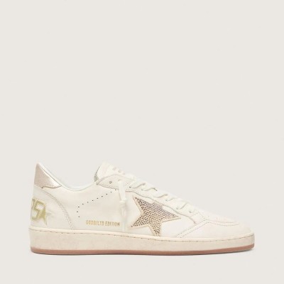 Golden Goose Ball Star Sneaker In White Leather With Crystal Star And Metallic Heel Tab Golden Goose Ball Star Sneaker In White Leather With Crystal Star And Metallic Heel Tab