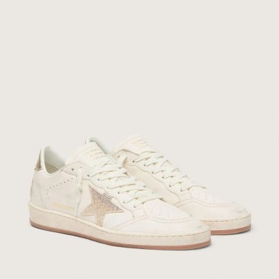 Golden Goose Ball Star Sneaker In White Leather With Crystal Star And Metallic Heel Tab