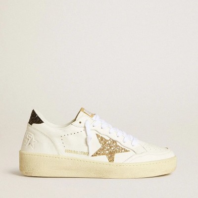 Golden Goose Ball Star Sneaker In White Leather With Gold Glitter Star And Black Glitter Heel Tab Golden Goose Ball Star Sneaker In White Leather With Gold Glitter Star And Black Glitter Heel Tab