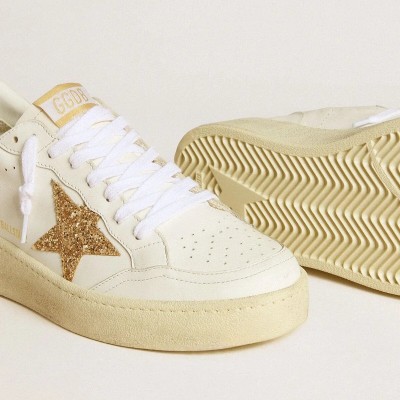 Golden Goose Ball Star Sneaker In White Leather With Gold Glitter Star And Black Glitter Heel Tab Golden Goose Ball Star Sneaker In White Leather With Gold Glitter Star And Black Glitter Heel Tab