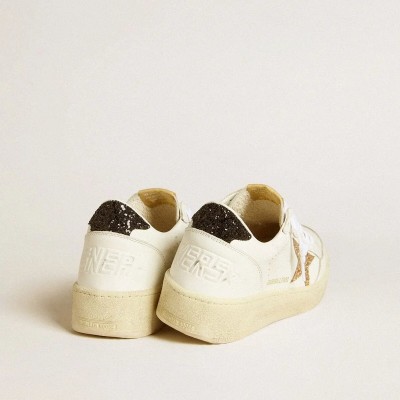 Golden Goose Ball Star Sneaker In White Leather With Gold Glitter Star And Black Glitter Heel Tab Golden Goose Ball Star Sneaker In White Leather With Gold Glitter Star And Black Glitter Heel Tab