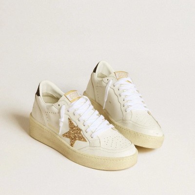 Golden Goose Ball Star Sneaker In White Leather With Gold Glitter Star And Black Glitter Heel Tab