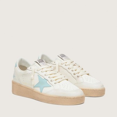 Golden Goose Ball Star Sneaker In White Leather With Light Blue Star