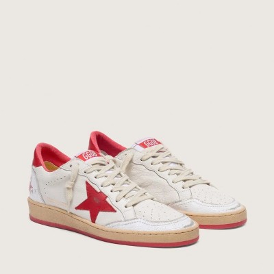 Golden Goose Ball Star Sneaker In White Leather With Red Star And Heel Tab
