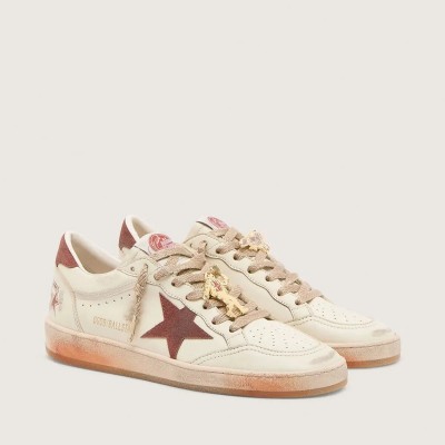 Golden Goose Ball Star Sneaker In White Leather With Rust Leather Star And Heel Tab Golden Goose Ball Star Sneaker In White Leather With Rust Leather Star And Heel Tab