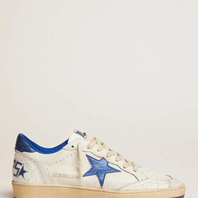 Golden Goose Ball Star Sneaker In White Nappa With Bright Blue Metallic Leather Star And Heel Tab Golden Goose Ball Star Sneaker In White Nappa With Bright Blue Metallic Leather Star And Heel Tab