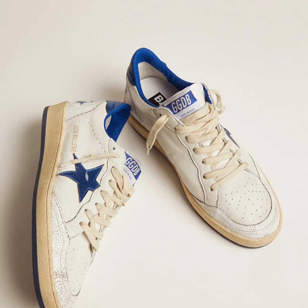 Golden Goose Ball Star Sneaker In White Nappa With Bright Blue Metallic Leather Star And Heel Tab Golden Goose Ball Star Sneaker In White Nappa With Bright Blue Metallic Leather Star And Heel Tab