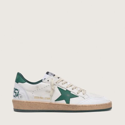 Golden Goose Ball Star Sneaker In White Nappa Leather With Green Leather Star And Heel Tab Golden Goose Ball Star Sneaker In White Nappa Leather With Green Leather Star And Heel Tab