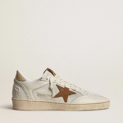Golden Goose Ball Star Sneaker In White Nappa And Mesh With Tobacco-Colored Nubuck Star And Beige Heel Tab Golden Goose Ball Star Sneaker In White Nappa And Mesh With Tobacco-Colored Nubuck Star And Beige Heel Tab