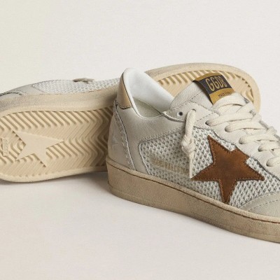 Golden Goose Ball Star Sneaker In White Nappa And Mesh With Tobacco-Colored Nubuck Star And Beige Heel Tab Golden Goose Ball Star Sneaker In White Nappa And Mesh With Tobacco-Colored Nubuck Star And Beige Heel Tab