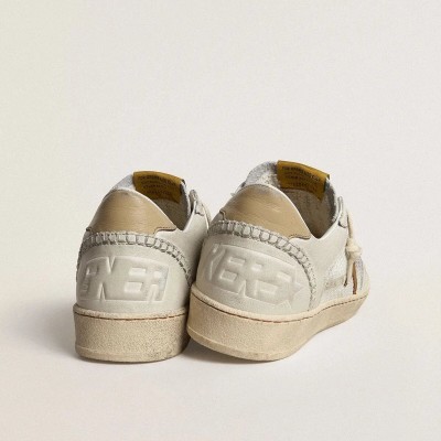 Golden Goose Ball Star Sneaker In White Nappa And Mesh With Tobacco-Colored Nubuck Star And Beige Heel Tab Golden Goose Ball Star Sneaker In White Nappa And Mesh With Tobacco-Colored Nubuck Star And Beige Heel Tab