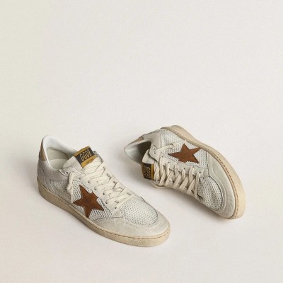 Golden Goose Ball Star Sneaker In White Nappa And Mesh With Tobacco-Colored Nubuck Star And Beige Heel Tab Golden Goose Ball Star Sneaker In White Nappa And Mesh With Tobacco-Colored Nubuck Star And Beige Heel Tab