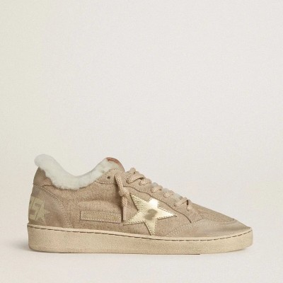 Golden Goose Ball Star Sneaker In Wool With Gold Leather Star And White Shearling Lining