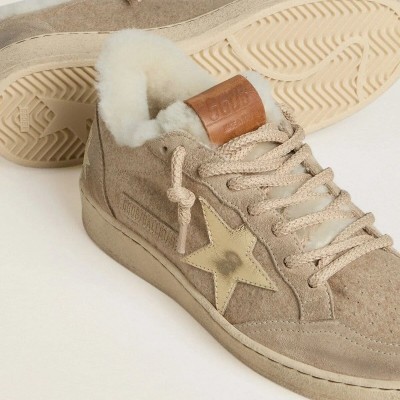 Golden Goose Ball Star Sneaker In Wool With Gold Leather Star And White Shearling Lining