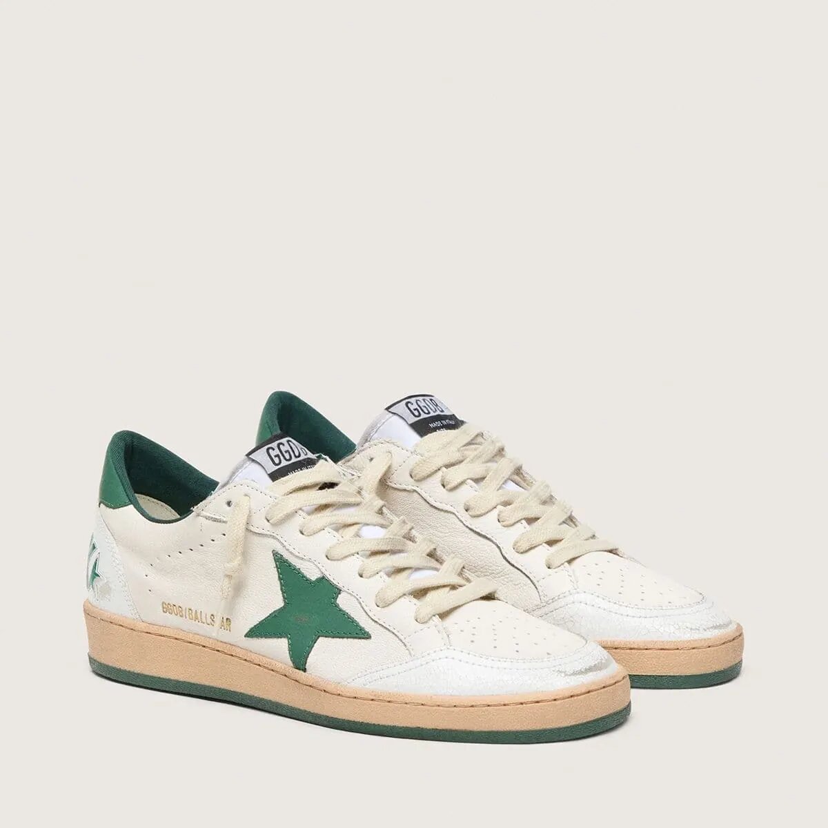 Golden Goose Ball Star Wishes Sneaker In White Nappa Leather With Green Leather Star And Heel Tab Golden Goose Ball Star Wishes Sneaker In White Nappa Leather With Green Leather Star And Heel Tab
